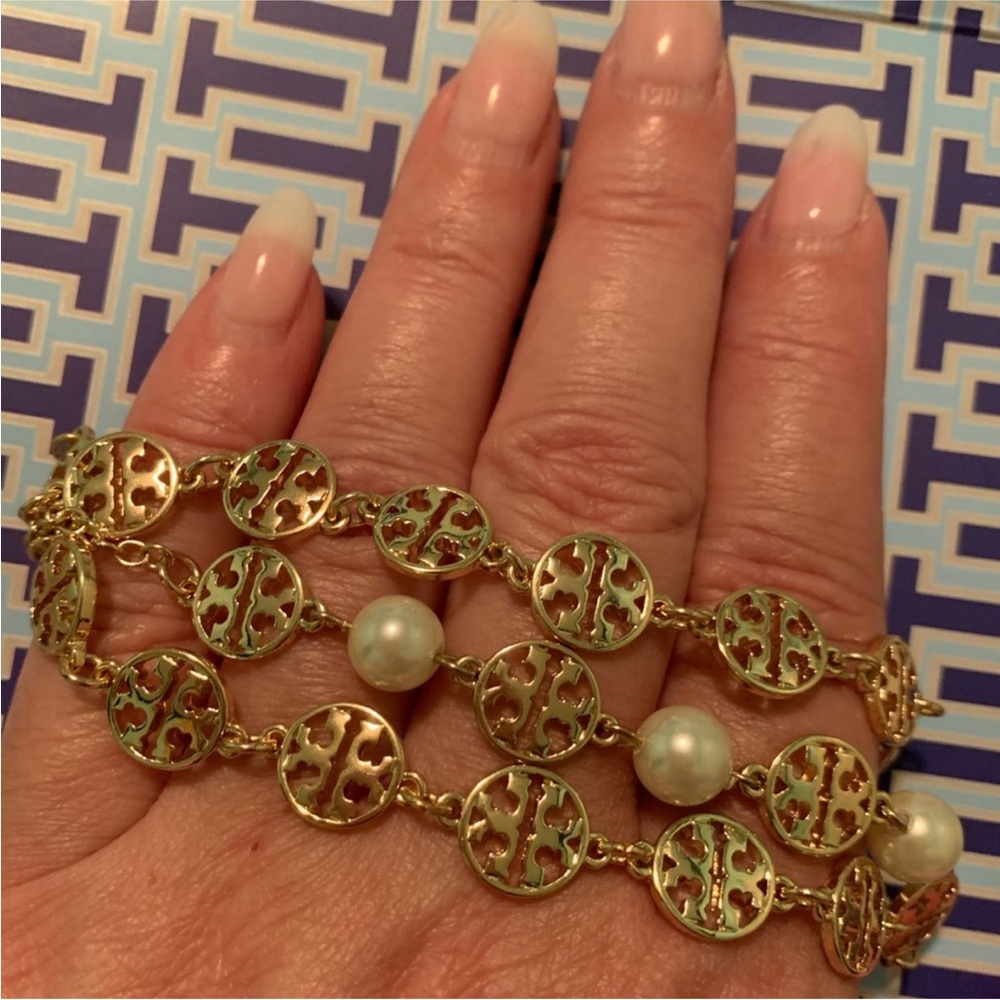 Tory Burch vintage Gold and Pearl triple strand Disc Bracelet